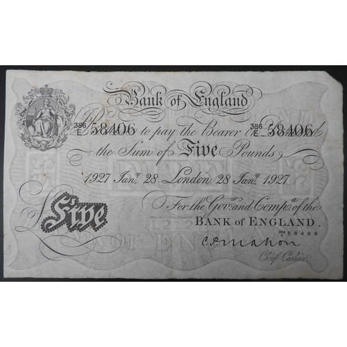 390 - A BANK OF ENGLAND WHITE FIVE POUND NOTE, 1927, signed Mahon, dated 28th Jan 1927 (London) and number... 