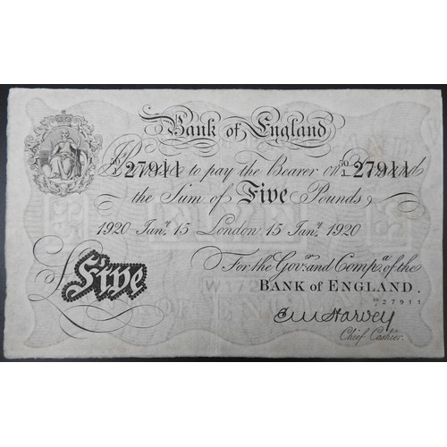 384 - A BANK OF ENGLAND WHITE FIVE POUND NOTE, 1920, signed Harvey, dated 15th Jan 1920 (London)
No. 50-J2... 