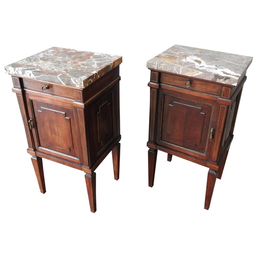 25 - A PAIR OF FRENCH 19TH CENTURY MARBLE TOP MAHOGANY BEDSIDE CUPBOARDS, each with a rectangular marble ... 