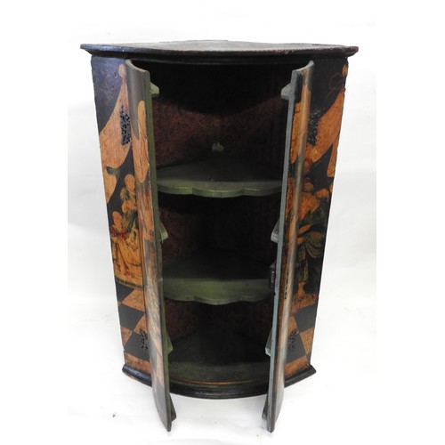 58 - A LATE 18TH / EARLY 19TH CENTURY POLYCHROME PAINTED CORNER CUPBOARD, possibly Dutch, the bow front d... 