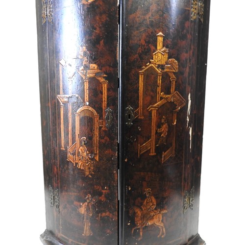 57 - A LATE 18TH/EARLY 19TH CENTURY CHINOISERIE DECORATED CORNER CUPBOARD, the bow front doors painted an... 