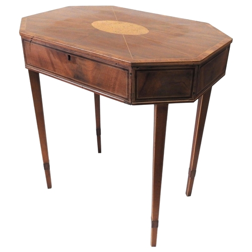39 - A LATE VICTORIAN SATIN WOOD CROSS BANDED SEWING TABLE, the hinged octagonal top with central oval ca... 