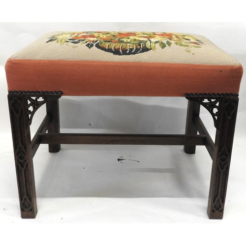 55 - A CHINESE CHIPPENDALE STYLE MAHOGANY STOOL, 19TH CENTURY, overstuffed seat panel with floral needlep... 