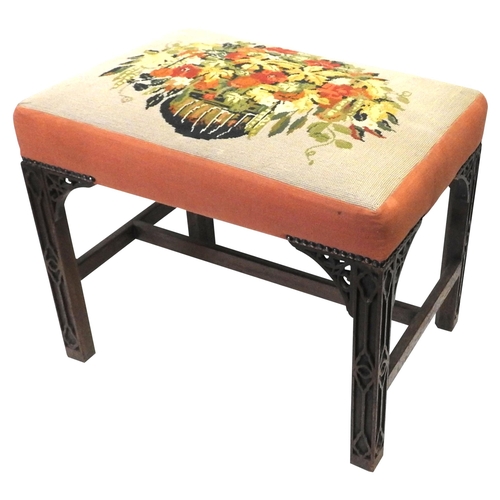55 - A CHINESE CHIPPENDALE STYLE MAHOGANY STOOL, 19TH CENTURY, overstuffed seat panel with floral needlep... 