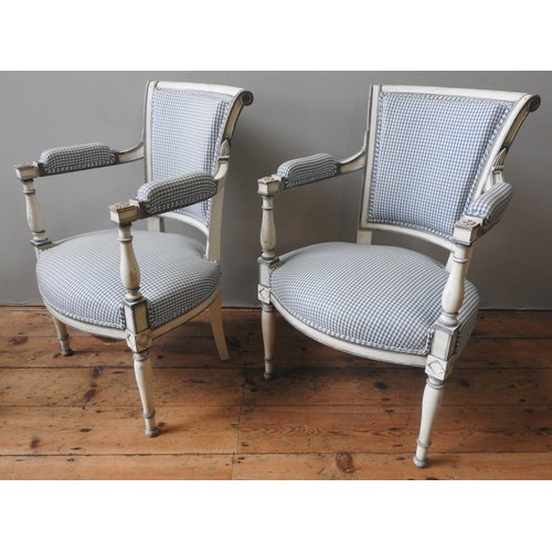 90 - A PAIR OF VINTAGE FRENCH FAUTEUILS, LATE 19TH / EARLY 20TH CENTURY, elegant cream painted frames wit... 