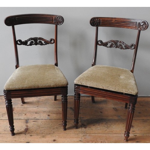 79 - A SET OF SIX 19TH CENTURY MAHOGANY DINING CHAIRS, curved fluted top rails above ornate foliate carve... 