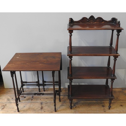 68 - A 19TH CENTURY SPIDER LEG DROP LEAF TABLE AND WHATNOT, the whatnot comprised of a three quarter gall... 