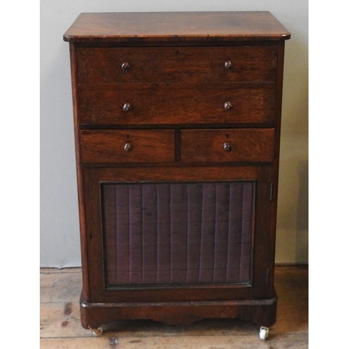 66 - A LATE VICTORIAN WALNUT CABINET, with a pull out drop front secretaire section above two frieze draw... 