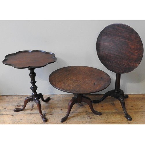 62 - A VICTORIAN MAHOGANY TRIPOD TABLE WITH UNDULATING PIE CRUST EDGE, the tilting top on a knopped ring ... 