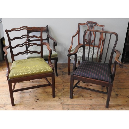 1 - A MIXED GROUP OF FOUR 19TH CENTURY MAHOGANY CARVER CHAIRS, including lyre back, slat back and ladder... 