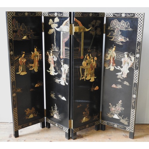 4 - A CHINESE LACQUERED CHINOSERIE SCREEN, LATE 20TH CENTURY, compact proportions, the four lacquered pa... 