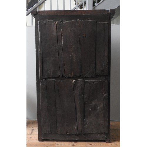 457 - A GEORGE III OAK PANELLED HOUSE CUPBOARD, circa 1780, rustic rectangular form with a panelled door e... 