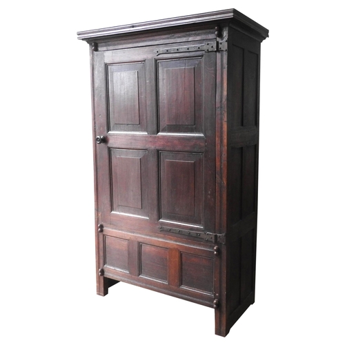 457 - A GEORGE III OAK PANELLED HOUSE CUPBOARD, circa 1780, rustic rectangular form with a panelled door e... 