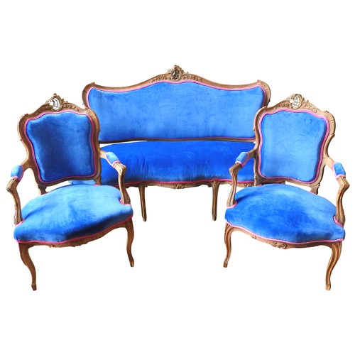 92 - A 19TH CENTURY FRENCH SALON SUITE, Louis XV style, comprised of two fauteuils and a salon settee, th... 