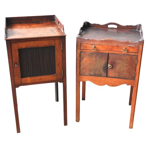 13 - A GEORGE III MAHOGANY NIGHT COMMODE AND POT CUPBOARD, the night commode with galleried a tray top, a... 