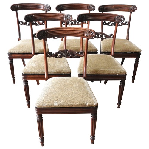 79 - A SET OF SIX 19TH CENTURY MAHOGANY DINING CHAIRS, curved fluted top rails above ornate foliate carve... 