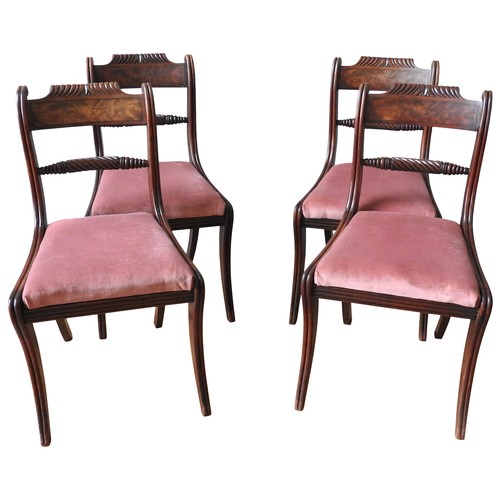 78 - A SET OF FOUR VICTORIAN MAHOGANY DINING CHAIRS, carved brass inlaid top rails and rope twist splats ... 