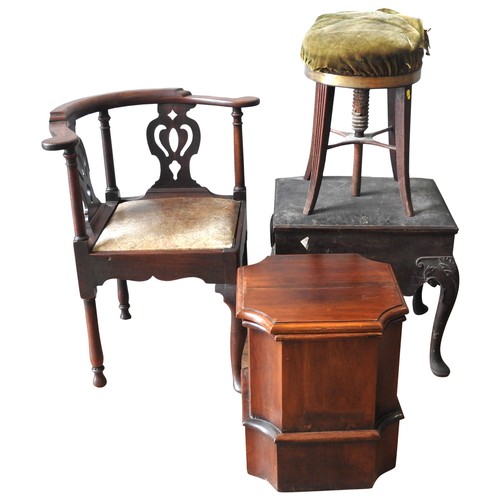 77 - A VICTORIAN MAHOGANY CORNER CHAIR, PIANO STOOL, COMMODE AND COMMODE STOOL, the corner chair with pie... 