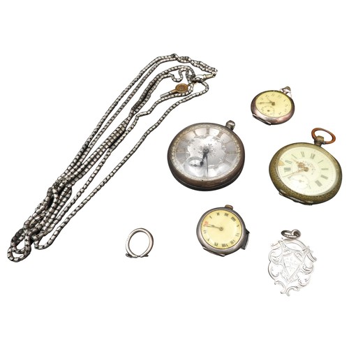 391 - 2 LARGE POCKET WATCHES; ONE SMALL POCKET WATCH, A WATCH FACE AND A SILVER CHAIN