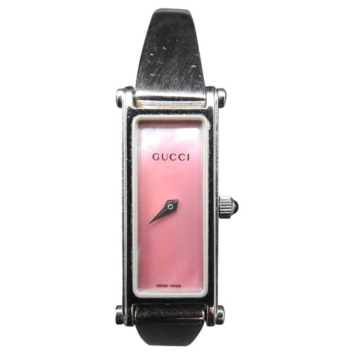 401 - GUCCI STAINLESS STEEL WATCH, with inscribed pink oblong dial, in presentation box