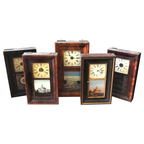 454 - A GROUP OF FIVE 19TH CENTURY AMERICAN WALL CLOCKS, all with Roman dials and eglomise decorated panel... 