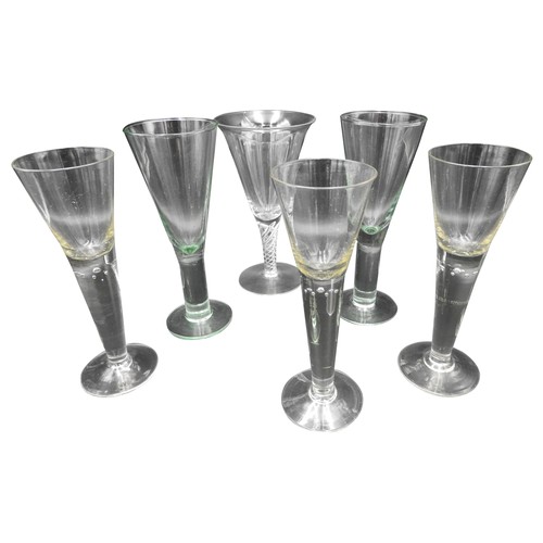 459 - A GROUP OF FIVE VINTAGE STEMMED GLASSES, the lot comprised of a pair of tapering wide stem goblets, ... 