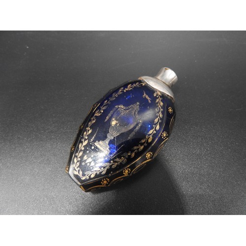 298 - A BRISTOL BLUE GLASS SCENT BOTTLE, LATE 18TH CENTURY, tear drop form with faceted edges and white me... 