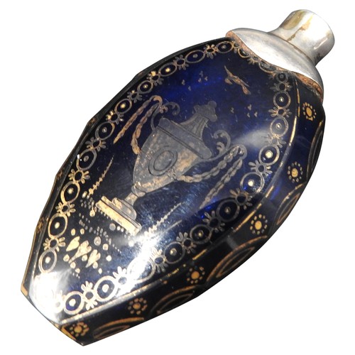 298 - A BRISTOL BLUE GLASS SCENT BOTTLE, LATE 18TH CENTURY, tear drop form with faceted edges and white me... 