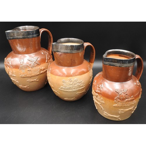 308 - A THREE HANDLED 19TH CENTURY STONE WARE HARVEST TANKARD AND THREE GRADUATED HARVEST JUGS, all with s... 