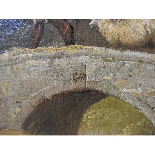 436 - CIRCLE OF GEORGE MOORLAND (1763-1804) OIL ON CANVAS OF CATTLE AND FIGURES ON A BRIDGE34 x 29 cm... 