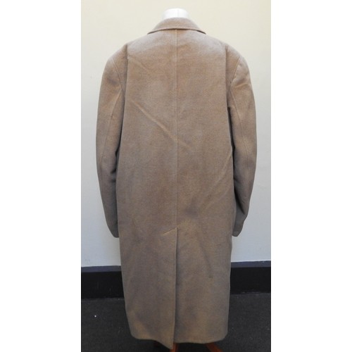 256 - A VINTAGE FRENCH SIGRAND CAMEL WOOL OVERCOAT, with gold coloured satin lining