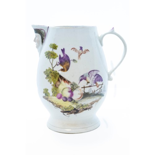 792 - A CHELSEA JUG WITH MASK SPOUTCIRCA 1760The baluster form jug with mask spout, painted with birds in ... 