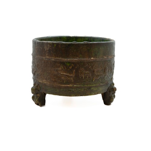 1981 - A CHINESE GREEN-GLAZED ARCHAISTIC TRIPOD CENSERHAN DYNASTY, (206 BC-220 AD)of cylindrical form19cm d... 