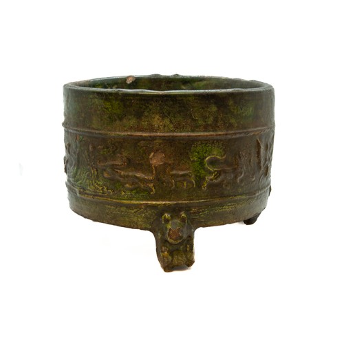 1981 - A CHINESE GREEN-GLAZED ARCHAISTIC TRIPOD CENSERHAN DYNASTY, (206 BC-220 AD)of cylindrical form19cm d... 