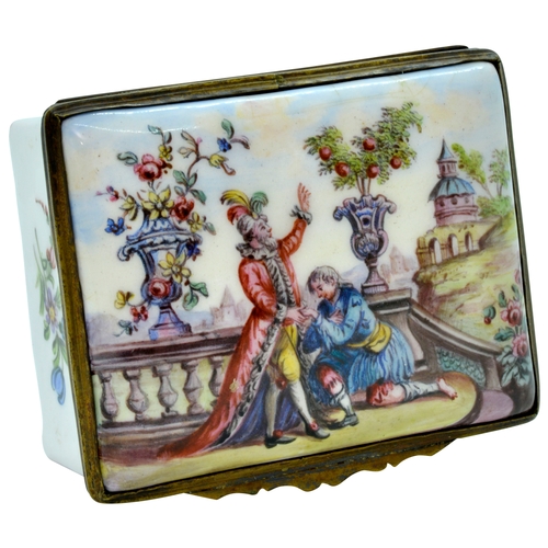 1845 - AN 18TH CENTURY ENGLISH ENAMEL BOX,CIRCA 1760The cover depicting a merchant paying homage to a Poten... 