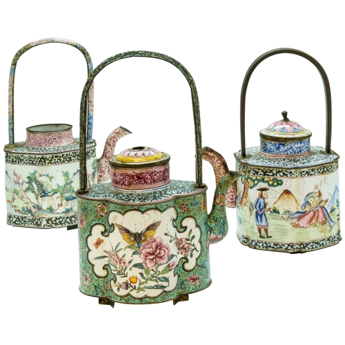 2147 - THREE CHINESE ENAMEL WINE POTSQING DYNASTY, 18TH CENTURYone with European decoration (3)17cm high (a... 