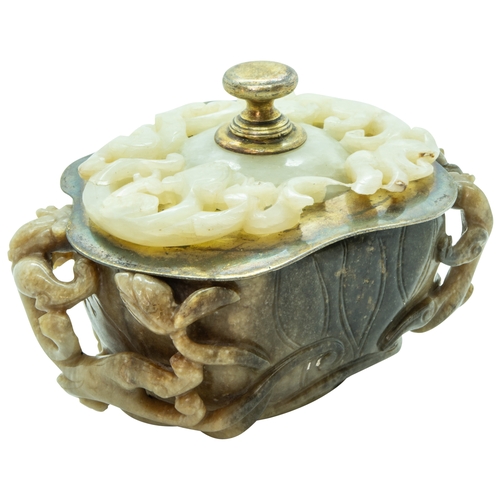 2156 - A CHINESE CARVED JADE 'LOTUS AND CHLONG' BRUSH WASHERQING DYNASTYwith later European silver mounts10... 