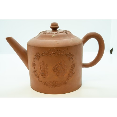 827 - A REDWARE COFFEE POT18TH CENTURYIn the Manner of Eler Brothers, decorated with applied floral sprigs... 