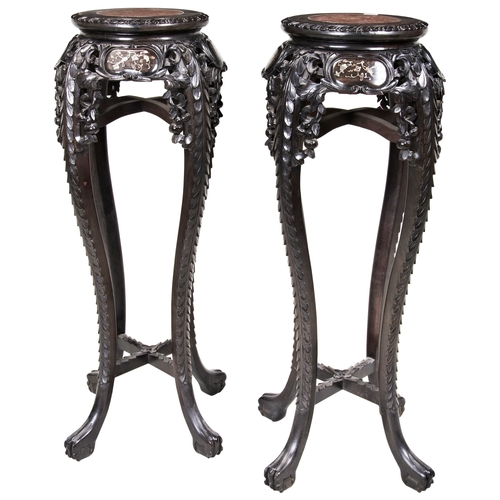 2168 - A PAIR OF CHINESE CARVED HARDWOOD AND MOTHER OF PEARL INLAID JARDINIERE STANDSLATE QING DYNASTYwith ... 