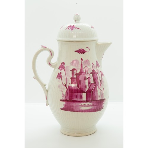 843 - TWO WALLENDORF COFFEE POTS18TH CENTURYDecorated with puce landscape, 24cms high