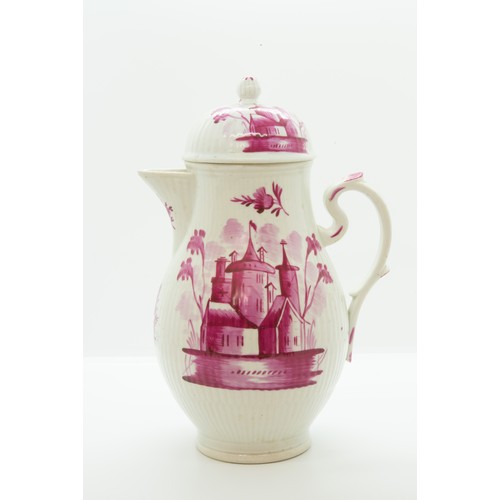 843 - TWO WALLENDORF COFFEE POTS18TH CENTURYDecorated with puce landscape, 24cms high