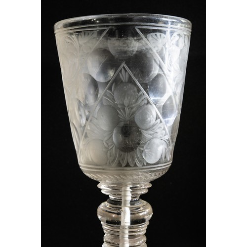 1211 - TWO LARGE EUROPEAN GLASSES18TH CENTURYEngraved to suggest rock crystal, both with early repairs, tal... 