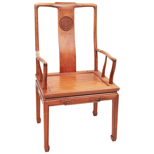 2169 - A CHINESE HARDWOOD OPEN ARMCHAIR20TH CENTURYcentred by a shou motif56cm wide, 102cm high... 