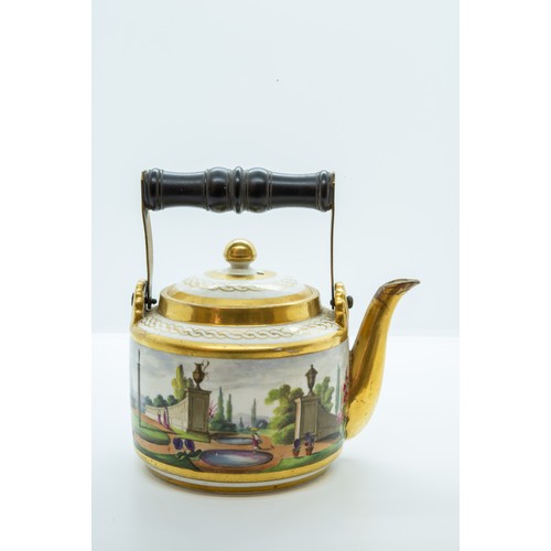 857 - AN EARLY 19TH CENTURY TEA KETTLECIRCA 1810Painted with figures in a classical garden landscape, with... 