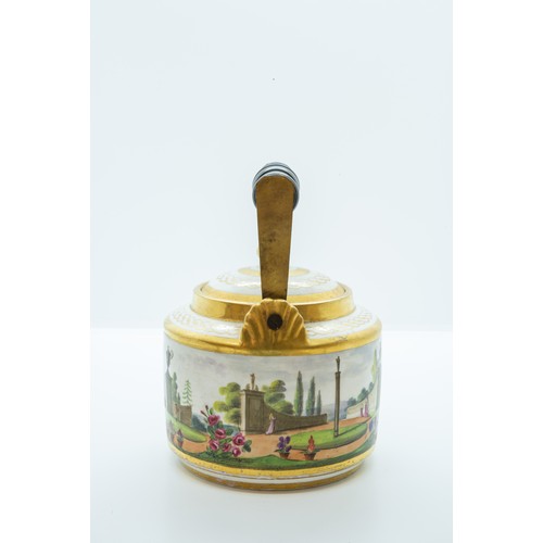 857 - AN EARLY 19TH CENTURY TEA KETTLECIRCA 1810Painted with figures in a classical garden landscape, with... 