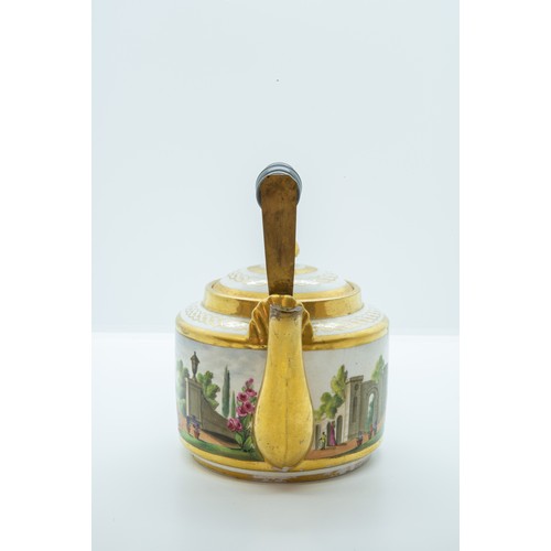 857 - AN EARLY 19TH CENTURY TEA KETTLECIRCA 1810Painted with figures in a classical garden landscape, with... 