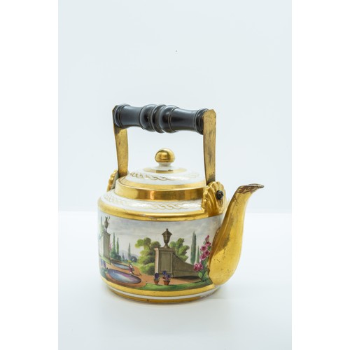 857 - AN EARLY 19TH CENTURY TEA KETTLECIRCA 1810Painted with figures in a classical garden landscape, with... 