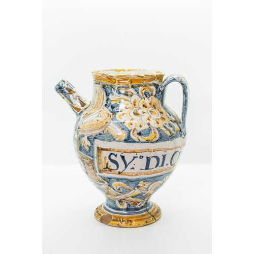 873 - AN ITALIAN FAIENCE SYRUP JARPOSSIBLY 16TH CENTURYInscribed 'Sy DI CICORIA SEMP', 21cms high... 