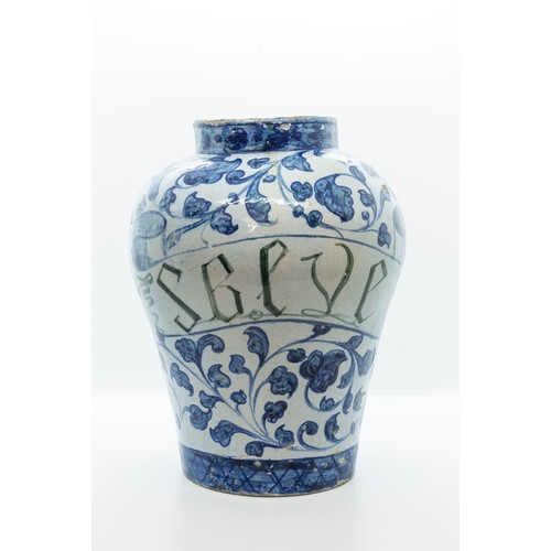 880 - A FAIENCE DRUG JAR18TH CENTURYWith inscribed scroll on a leaf scroll ground, 27cms high