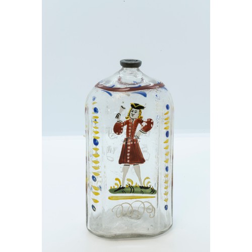 1215 - A EUROPEAN ENAMELED SPIRIT FLASK18TH CENTURYPainted with a male figure, and inscription, 14cms high2... 